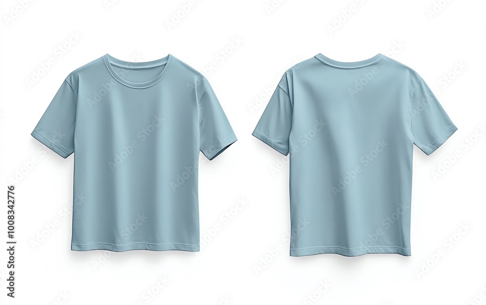 Fototapeta premium Front and back view mockup of a plain pastel pink tshirt on a white background, displayed side by side, smooth texture, realistic shadow effects, minimalistic design, sharp edges