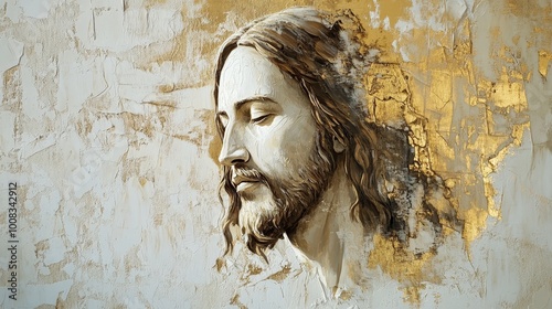 A gold and white painting of Jesus Christ