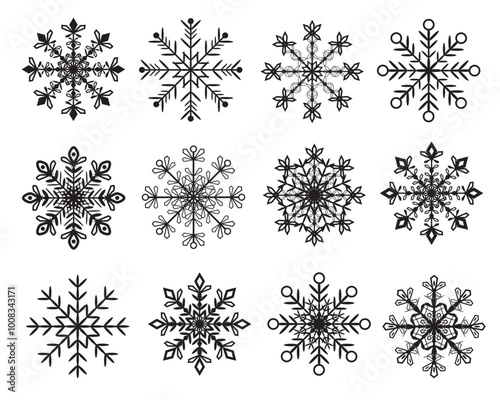 Various shapes and ornaments Black Snowflakes icon set template. Background for home decor, Christmas market, banner, cover, greeting card, web banner, business card. Vector.