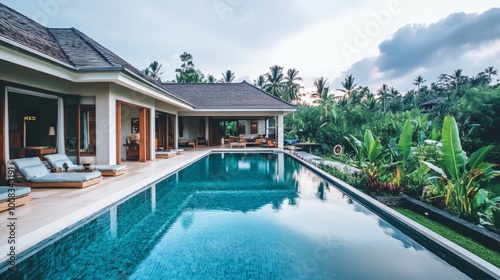 A modern villa with a large swimming pool and lush tropical gardens.