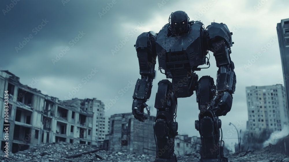 A large black robot stands in a ruined city, looking imposing with its glowing eyes. A large black robot stands in a ruined city, looking imposing with its glowing eyes.