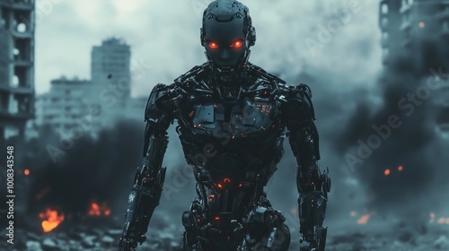 A menacing, futuristic robot with glowing red eyes stands amidst a post-apocalyptic city.