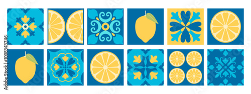 Azulejo floor tiles design. Mediterranean pattern and background. Italian, Portuguese, Spanish traditional style. Blue and yellow abstract geometric background. Arabesque. Mosaic. Vector illustration