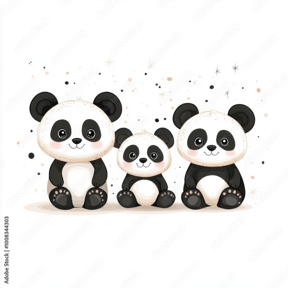 Obraz premium Cute cartoon pandas family illustration featuring three adorable pandas in a playful design, perfect for children's themes.