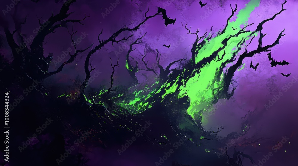 Bold streaks of glowing green and black, cutting through a smoky purple backdrop, creating a chaotic, vibrant Halloween-inspired design.