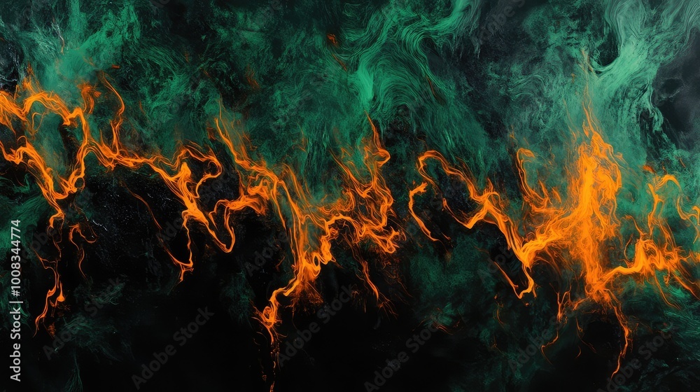 Bold streaks of glowing green and orange, layered over a smoky black background, creating a vibrant, eerie Halloween-inspired abstraction. Bold streaks of glowing green and orange, layered over a smoky black background, creating a vibrant, eerie Halloween-inspired abstraction.