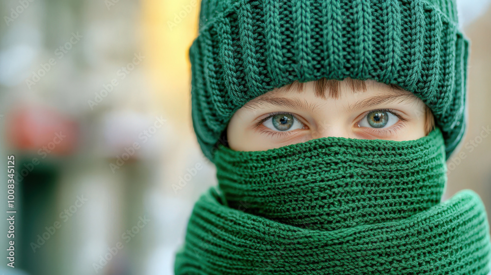child wearing green knitted mask and hat, showcasing bright blue eyes, stands in winter setting. cozy attire adds warmth and charm to scene