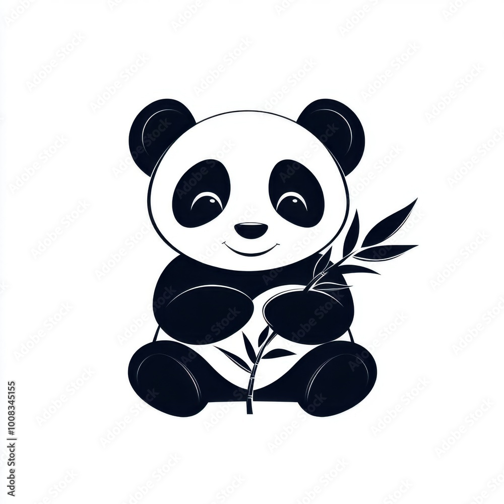 Fototapeta premium Adorable cartoon panda happily holding bamboo, perfect for children's illustrations or wildlife-themed designs.