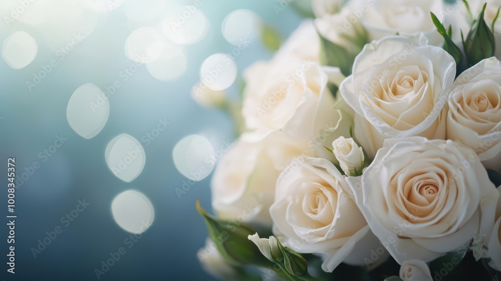 Elegant bouquet of white roses with soft bokeh background, symbolizing love and purity.