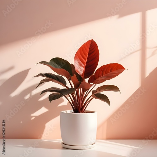 A stylish indoor plant with thick, broad leaves in a minimalist white ceramic pot, isolated on a clean white background, with a hint of soft pastel color in the backdrop to add warmth photo