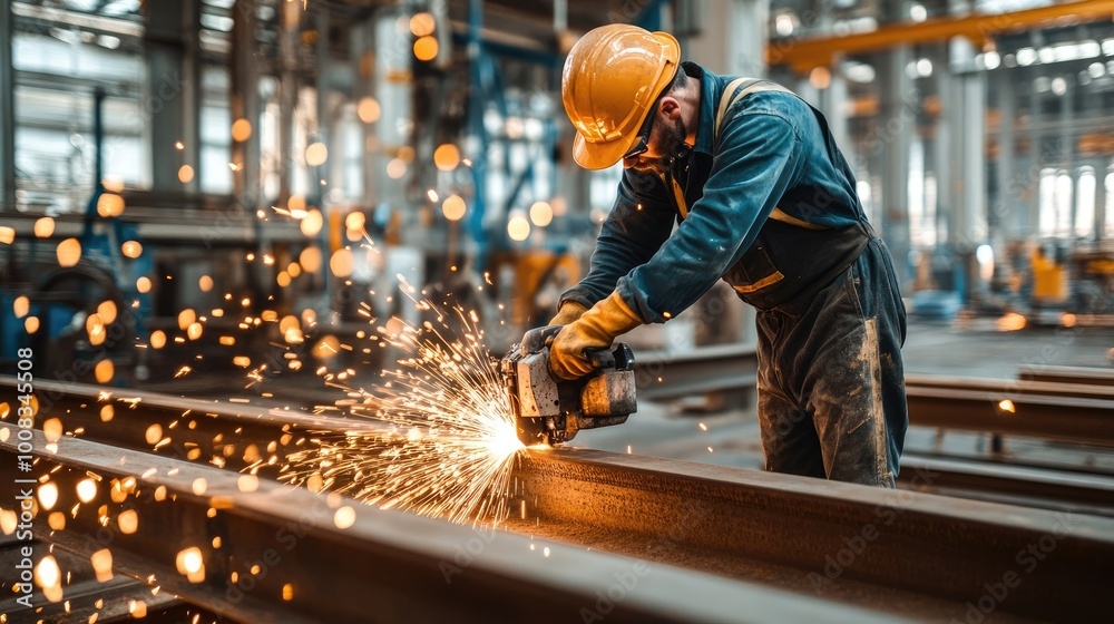 Close-up of Factory Worker Cutting Metal Beam with Sparks, Industrial Tools, and Steel Bars Close-up of Factory Worker Cutting Metal Beam with Sparks, Industrial Tools, and Steel Bars