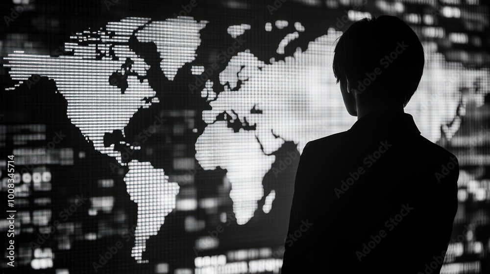 Silhouette of a person looking at a world map displayed on a large screen. Silhouette of a person looking at a world map displayed on a large screen.