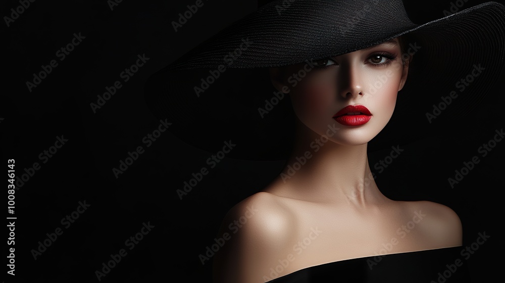 Portrait of a Beautiful Woman in a Black Dress Wearing a Big Hat in Shadows on a black background. Elegant woman with red lips. Stylish Model with hidden Face and space for text. Portrait of a Beautiful Woman in a Black Dress Wearing a Big Hat in Shadows on a black background. Elegant woman with red lips. Stylish Model with hidden Face and space for text.
