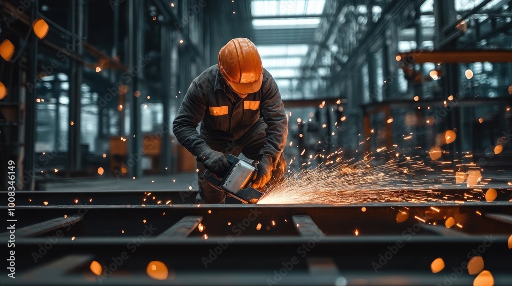 Close-up of Factory Worker Cutting Metal Beam with Sparks, Industrial Tools, and Steel Bars Close-up of Factory Worker Cutting Metal Beam with Sparks, Industrial Tools, and Steel Bars