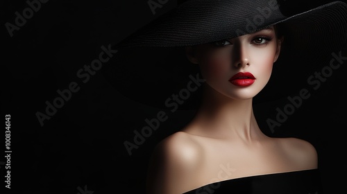 Portrait of a Beautiful Woman in a Black Dress Wearing a Big Hat in Shadows on a black background. Elegant woman with red lips. Stylish Model with hidden Face and space for text.