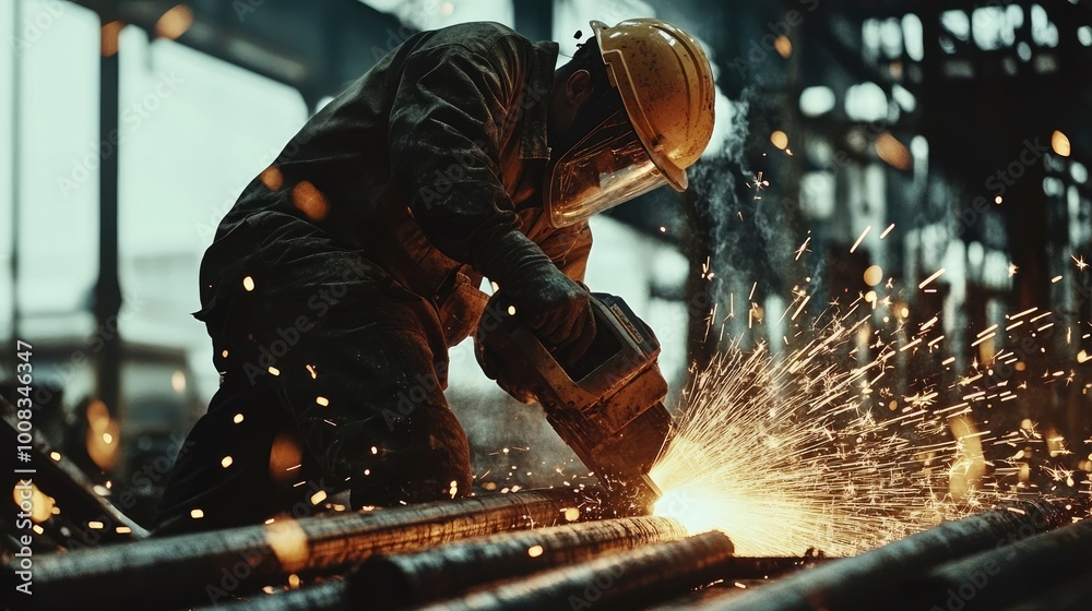 Close-up of Factory Worker Cutting Metal Beam with Sparks, Industrial Tools, and Steel Bars Close-up of Factory Worker Cutting Metal Beam with Sparks, Industrial Tools, and Steel Bars