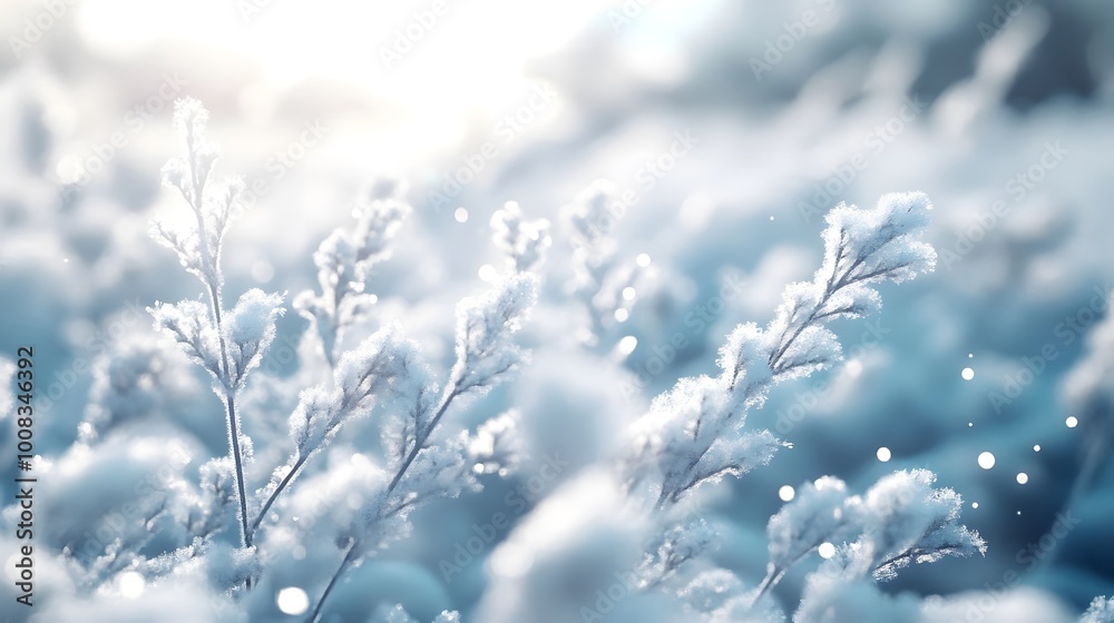 Frost-covered branches glimmer in soft winter light. Frost-covered branches glimmer in soft winter light.
