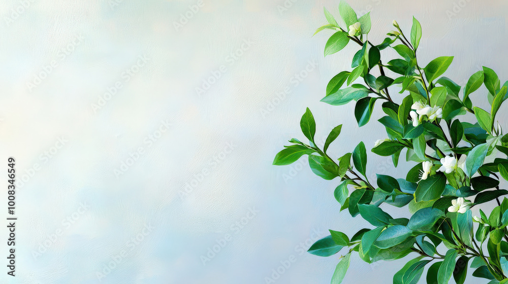 beautiful arrangement of green leaves and white flowers against soft blue background, creating serene and calming atmosphere. Perfect for nature lovers beautiful arrangement of green leaves and white flowers against soft blue background, creating serene and calming atmosphere. Perfect for nature lovers