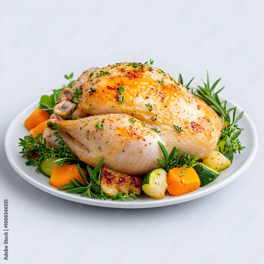 Macro Close Up of Perfectly Roasted Turkey with Fresh Herbs and Vegetables on White Plate Macro Close Up of Perfectly Roasted Turkey with Fresh Herbs and Vegetables on White Plate