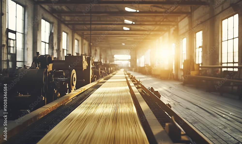 Industrial Production Line with a Sunbeam Shining Through Factory Windows Industrial Production Line with a Sunbeam Shining Through Factory Windows