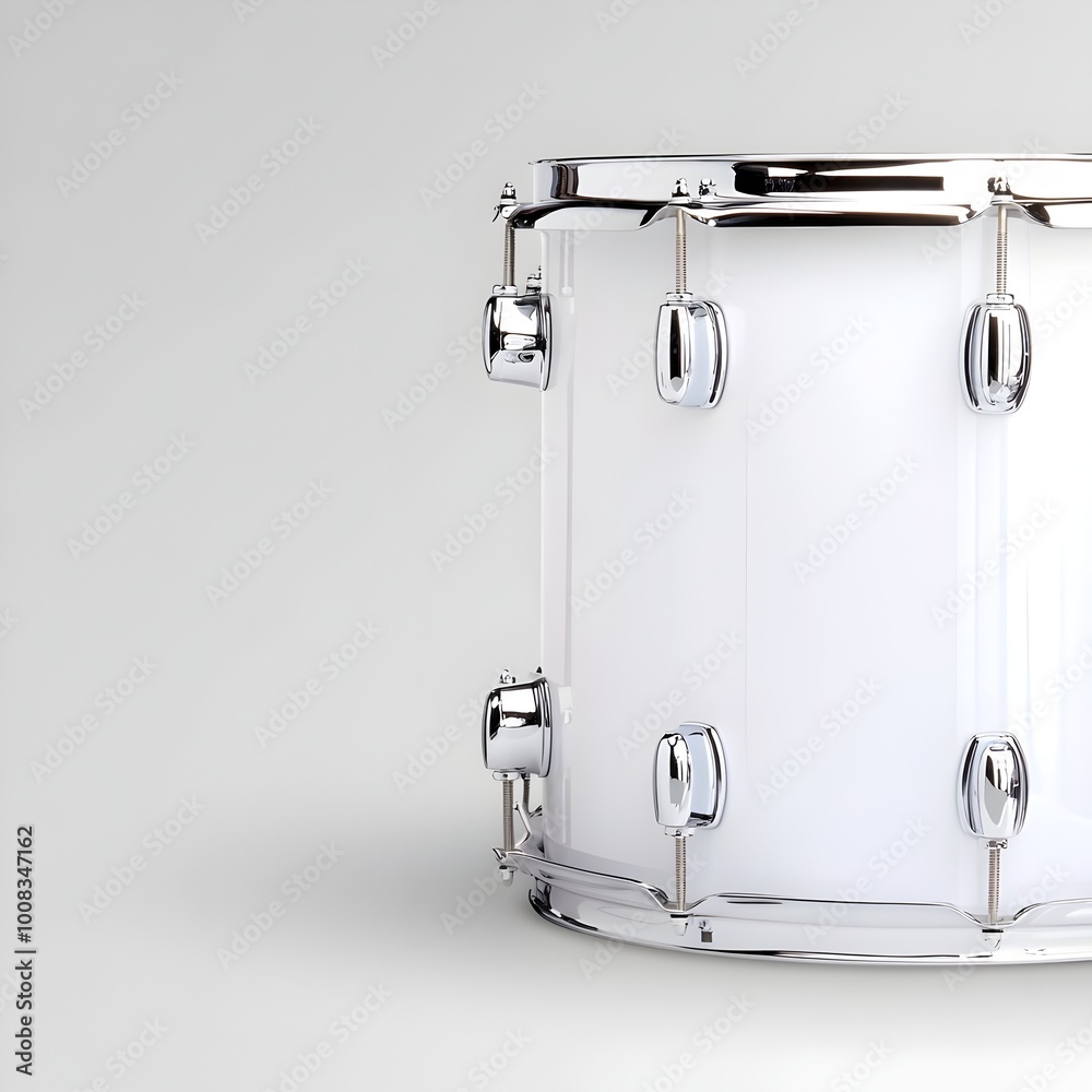 Drum Set with White and Silver Drums on Grey Background Drum Set with White and Silver Drums on Grey Background