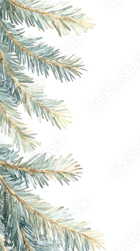 A tranquil winter watercolor portraying delicate pine branches gently dusted with frost, evoking the serene beauty of a snowy landscape during the cold season