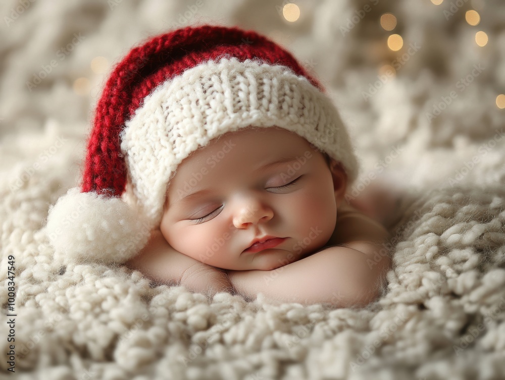 Newborn baby sleeping peacefully wearing a christmas hat while laying near pine branches and christmas ornaments Newborn baby sleeping peacefully wearing a christmas hat while laying near pine branches and christmas ornaments