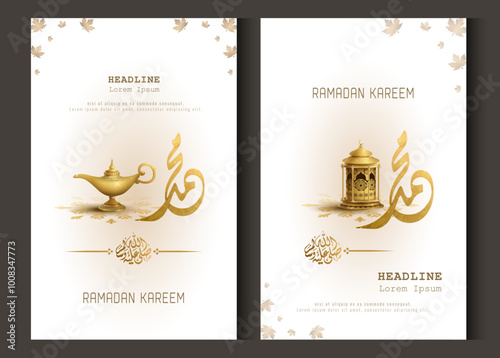 set of islamic greeetings ramadan kareem card poster design with gold lantern and magic lamp
