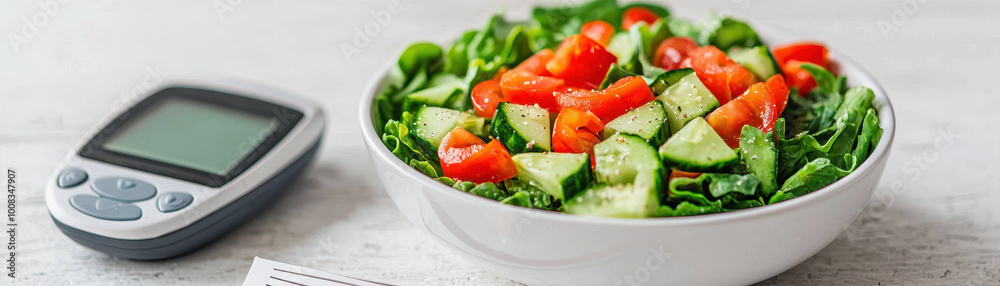 Fresh salad with tomatoes and cucumbers beside glucose monitor, promoting healthy eating for blood sugar management. This vibrant dish is perfect for balanced diet Fresh salad with tomatoes and cucumbers beside glucose monitor, promoting healthy eating for blood sugar management. This vibrant dish is perfect for balanced diet