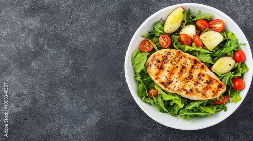 Healthy meal plate featuring grilled chicken breast on bed of fresh arugula, cherry tomatoes, and sliced potatoes, perfect for nutritious diet