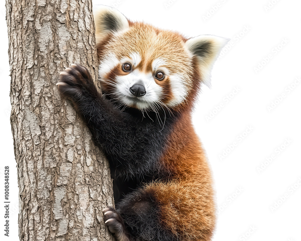 Red panda climbing a tree, cute expression, white isolate background. Red panda climbing a tree, cute expression, white isolate background.