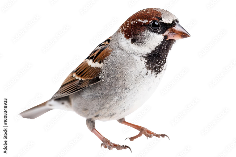 Sparrow bird isolated on white background, capturing its detailed features clearly. Sparrow bird isolated on white background, capturing its detailed features clearly.