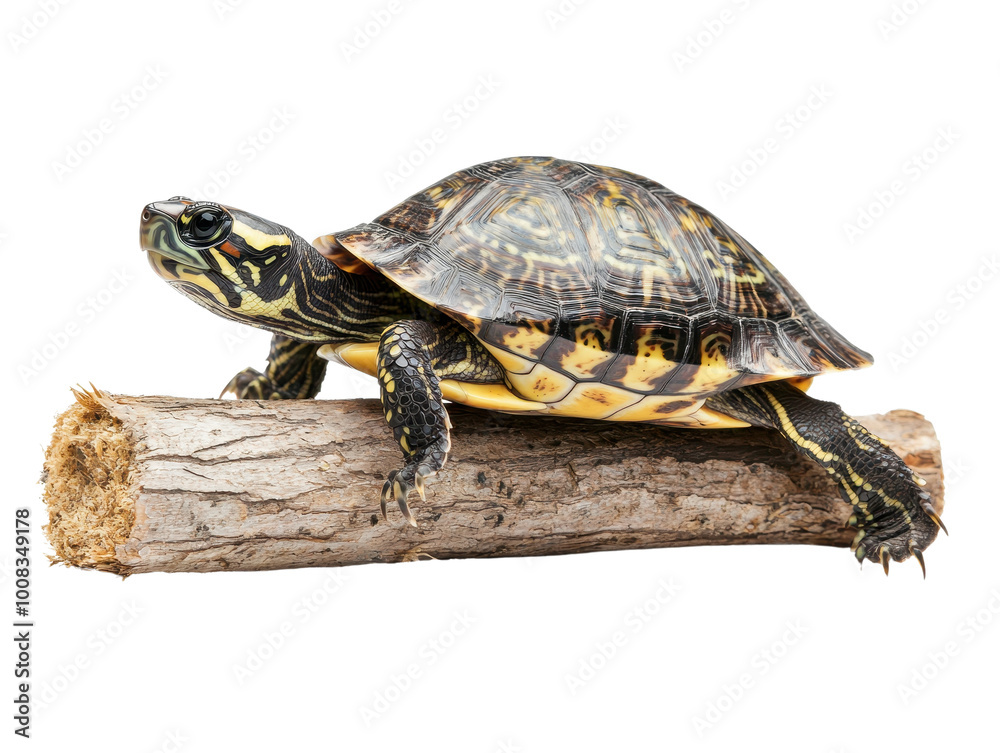 Turtle resting on a log, isolated against a white background. Turtle resting on a log, isolated against a white background.