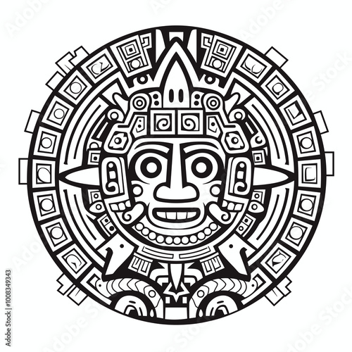 Aztec sun stone. Tattoo t-shirt design. Mayan calendar. Ancient hieroglyph signs and symbols. Mexican totem vector illustration