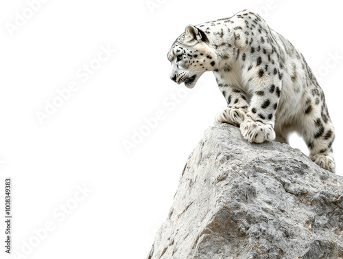 Snow leopard perched on rocky outcrop, looking fierce, white isolated background photo