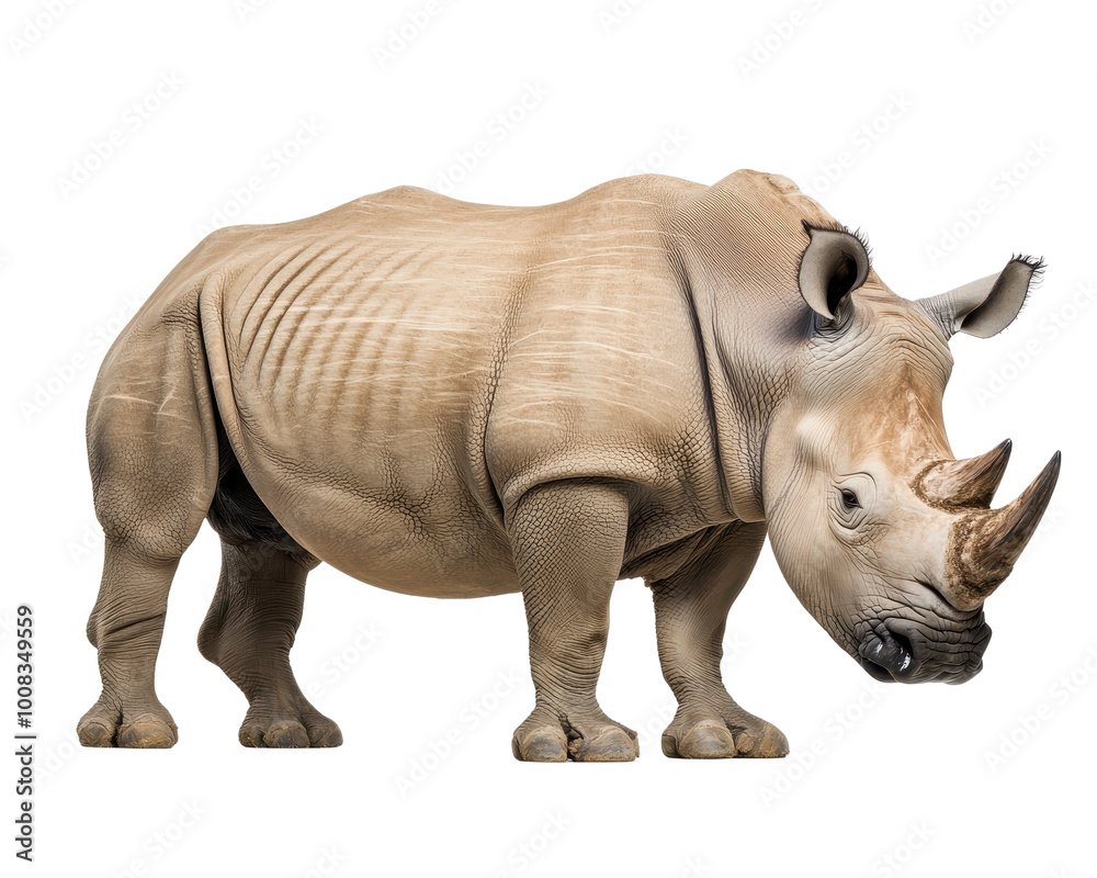 Fototapeta premium Rhinoceros standing, isolated on a white background.