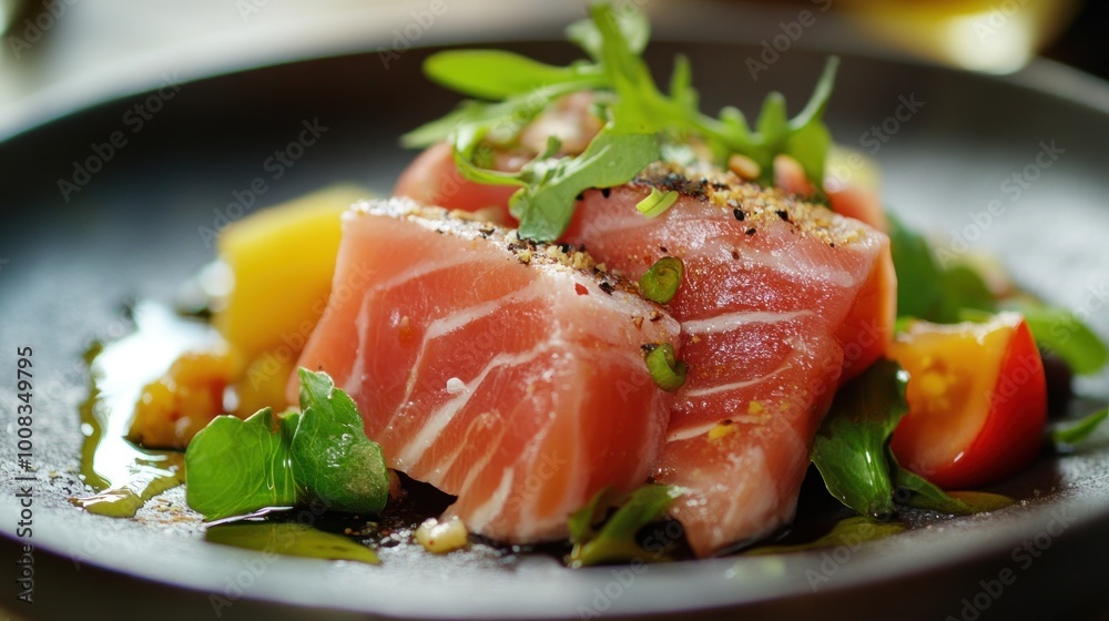Close-up of a delicious tuna salad with fresh greens, tomatoes, and a drizzle of dressing. Close-up of a delicious tuna salad with fresh greens, tomatoes, and a drizzle of dressing.