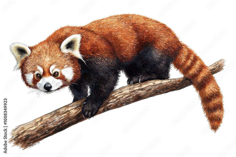 Fototapeta premium Red panda climbing on a branch, white isolate background