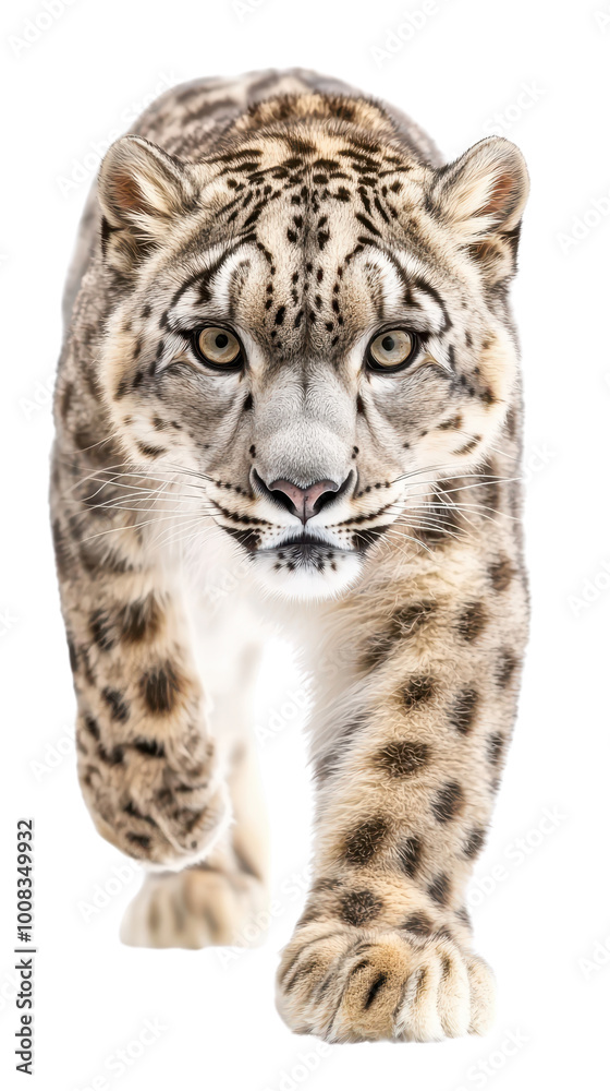 Fototapeta premium Snow leopard prowling forward, showcasing its striking fur and powerful presence.