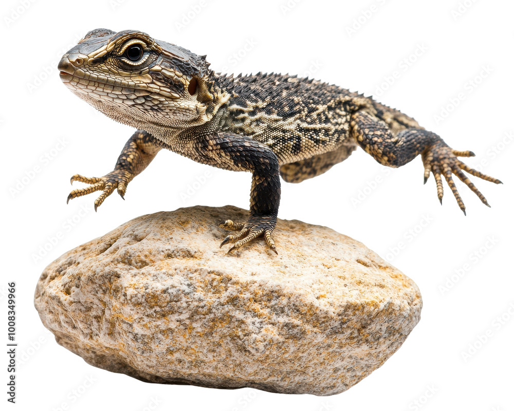 Obraz premium Lizard perched on a rock, isolated on a white background.