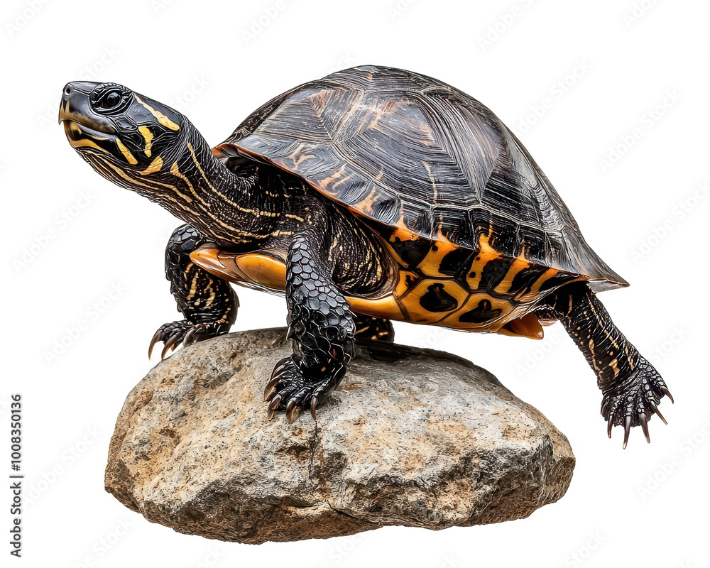 Turtle on rock, detailed shell features, white isolate background. Turtle on rock, detailed shell features, white isolate background.