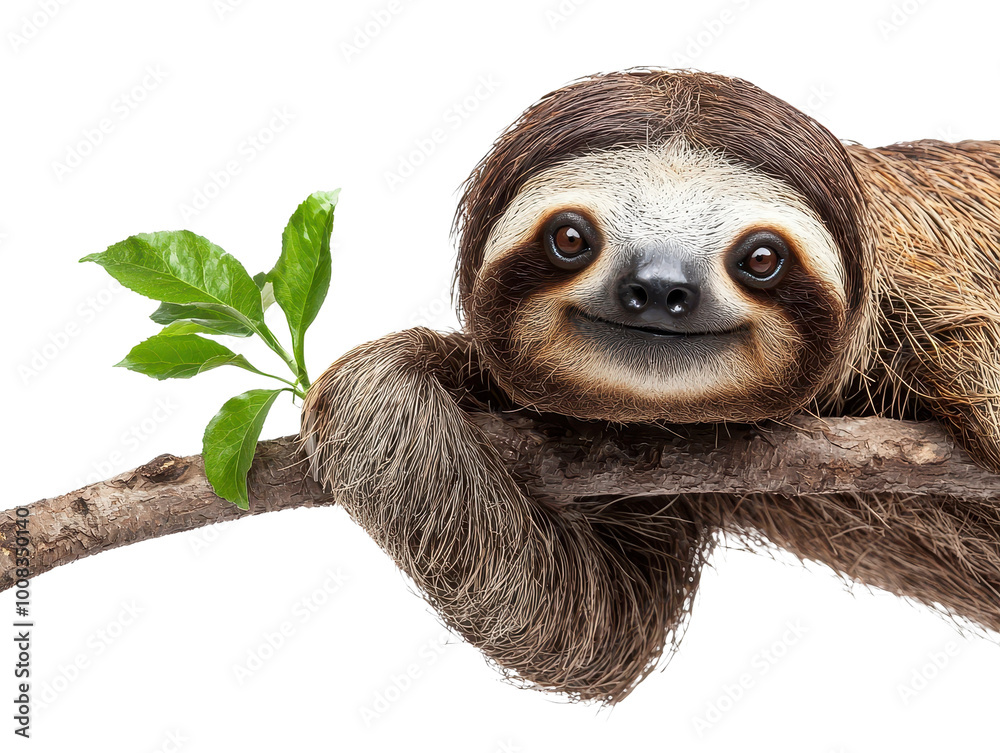 Fototapeta premium Sloth hanging on branch with green leaf, white isolated background.