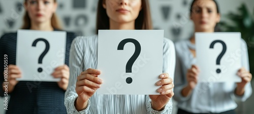 Businesswoman hold question mark poster. Generative AI technology. 