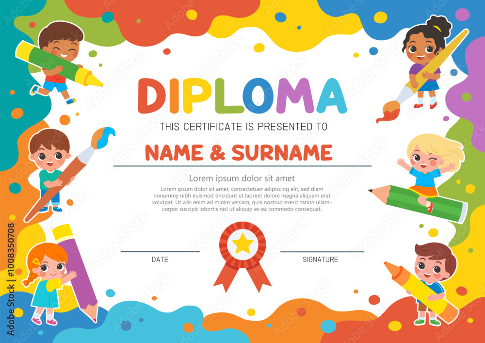 Cover or flyer template with kids draw big art together with large art supplies on abstract color paint texture. Art kids. Painting poster design. Template for Certificate kids diploma.