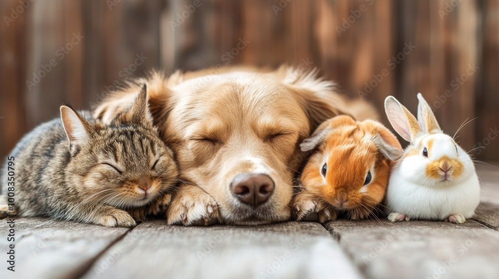 A golden retriever, cat, rabbit, and guinea pig rest side by side, capturing a touching moment of tranquility and interspecies friendship. Their peaceful sleep showcases the harmony between different A golden retriever, cat, rabbit, and guinea pig rest side by side, capturing a touching moment of tranquility and interspecies friendship. Their peaceful sleep showcases the harmony between different
