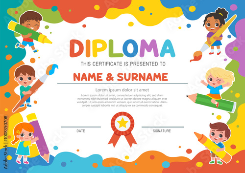 Cover or flyer template with kids draw big art together with large art supplies on abstract color paint texture. Art kids. Painting poster design. Template for Certificate kids diploma.