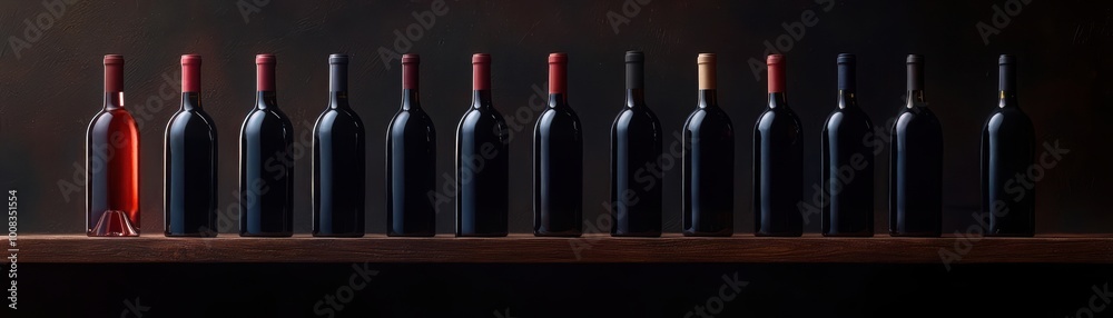 Row of wine bottles against a dark background, showcasing variety and elegance. Row of wine bottles against a dark background, showcasing variety and elegance.
