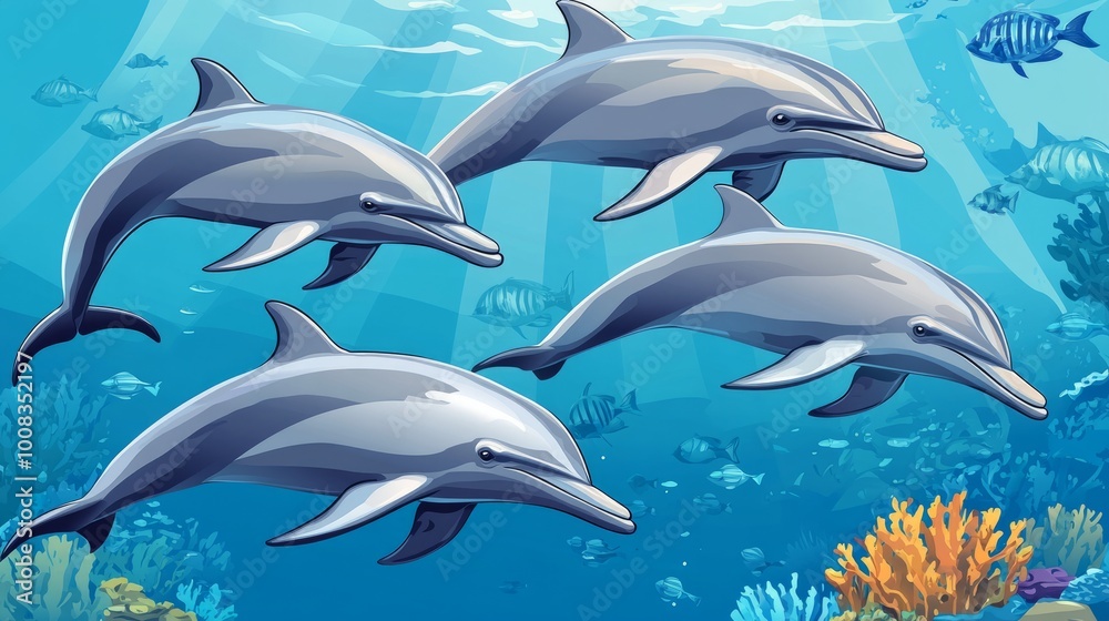 A pod of four dolphins swimming gracefully through a vibrant coral reef.