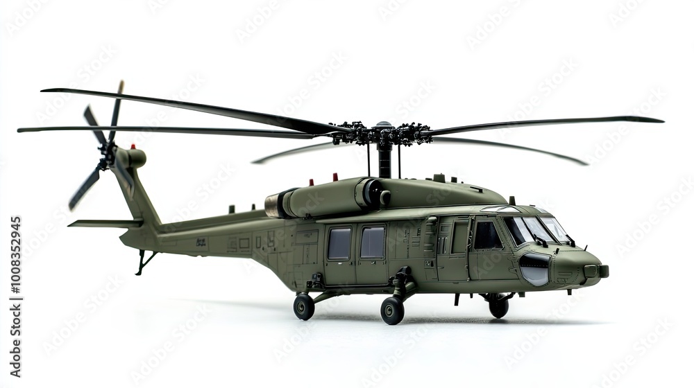 Fototapeta premium Green Military Helicopter Model with Rotors and Landing Gear