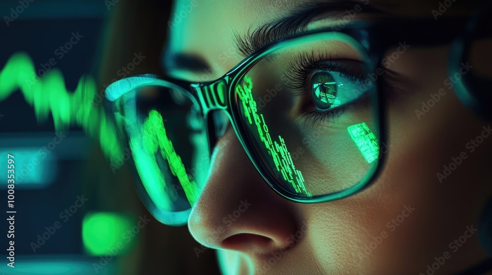 High-Resolution Image of Man's Eyes and Glasses with Stock Market Charts Reflected, Dark Background with Copy Space High-Resolution Image of Man's Eyes and Glasses with Stock Market Charts Reflected, Dark Background with Copy Space
